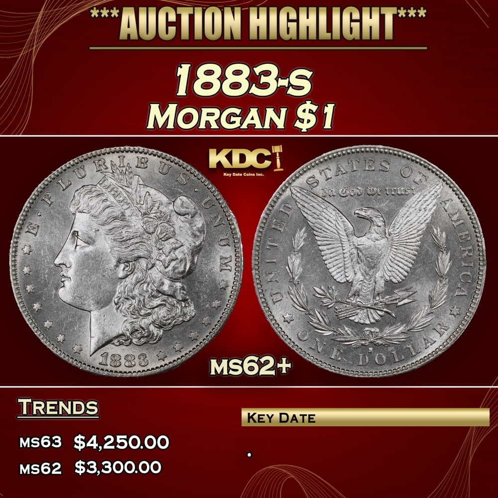 1883-s Morgan Dollar $1 ms62+ USCG: 1883-s Morgan Dollar $1 ms62+ USCG. A Key Date's Pick, Bid to Win, Don't let it get Away Coin