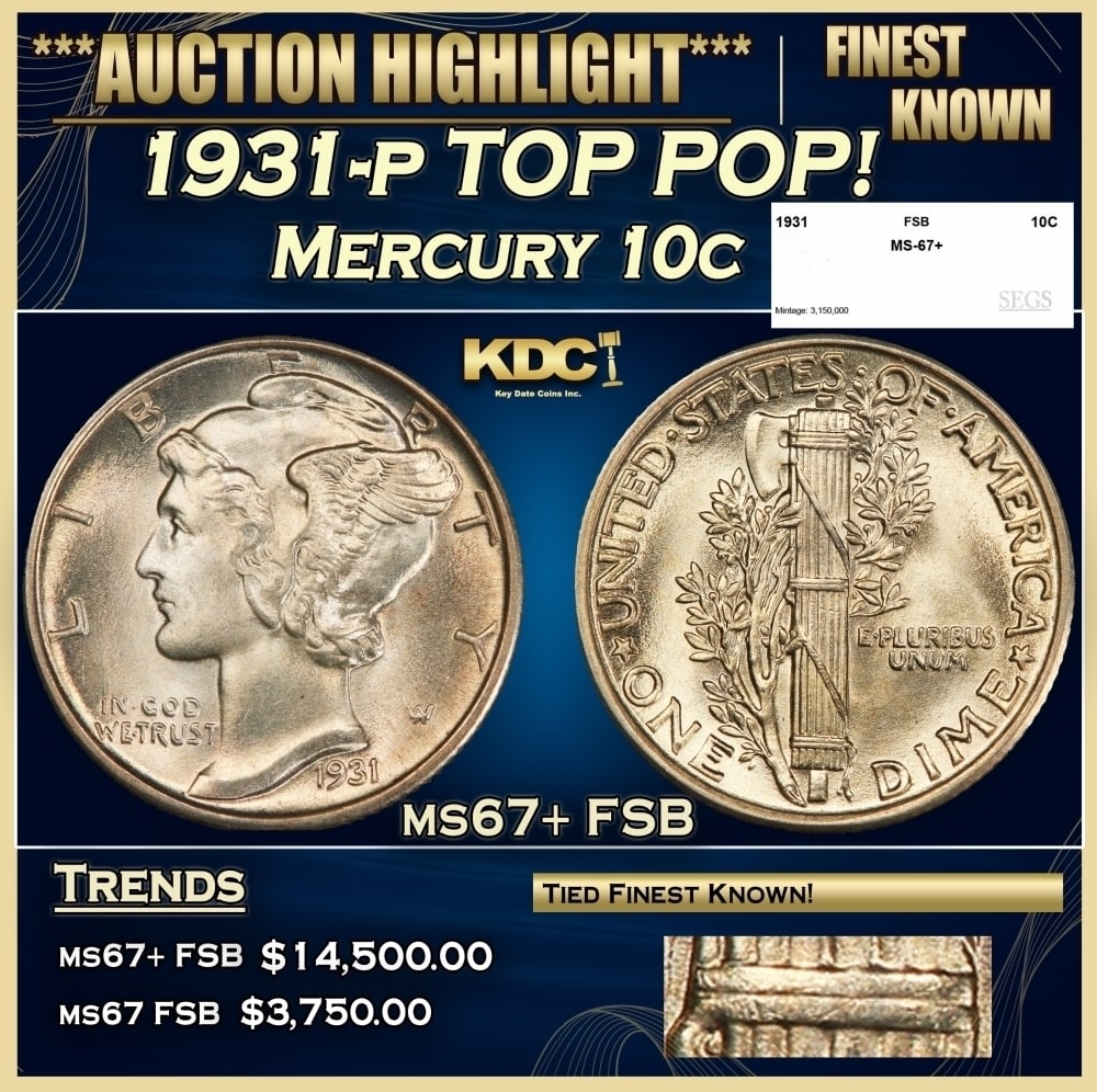1931-p Mercury Dime TOP POP! 10c ms67+ FSB SEGS: 1931-p TOP POP! Mercury Dime 10c ms67+ FSB SEGS. 0
