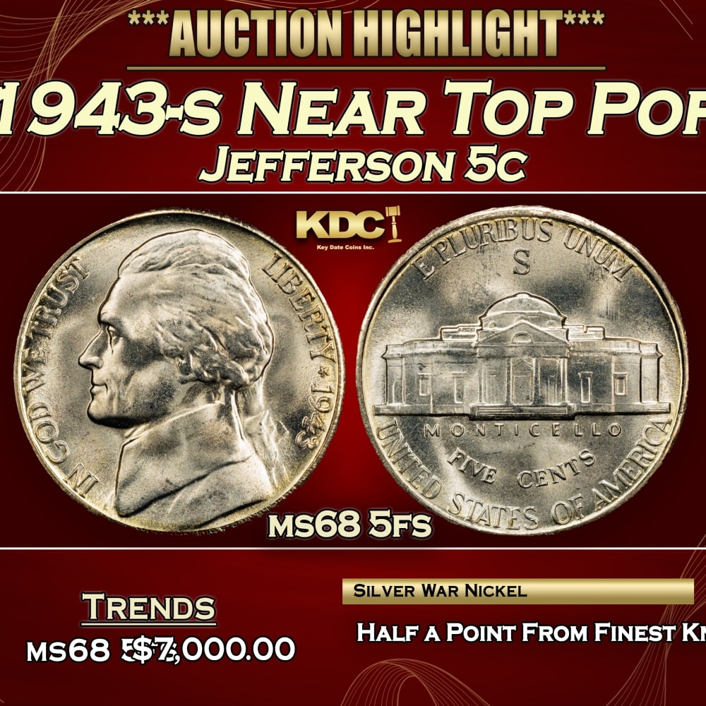 1943-s Jefferson Nickel Near Top Pop 5c ms68 5fs SEGS: 1943-s Near Top Pop Jefferson Nickel 5c ms68 5fs SEGS. 0