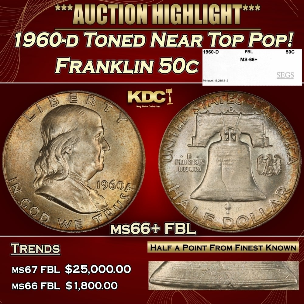1960-d Franklin Half Dollar Toned Near Top Pop! 50c ms66+ FBL SEGS: 1960-d Toned Near Top Pop! Franklin Half Dollar 50c ms66+ FBL SEGS. 0