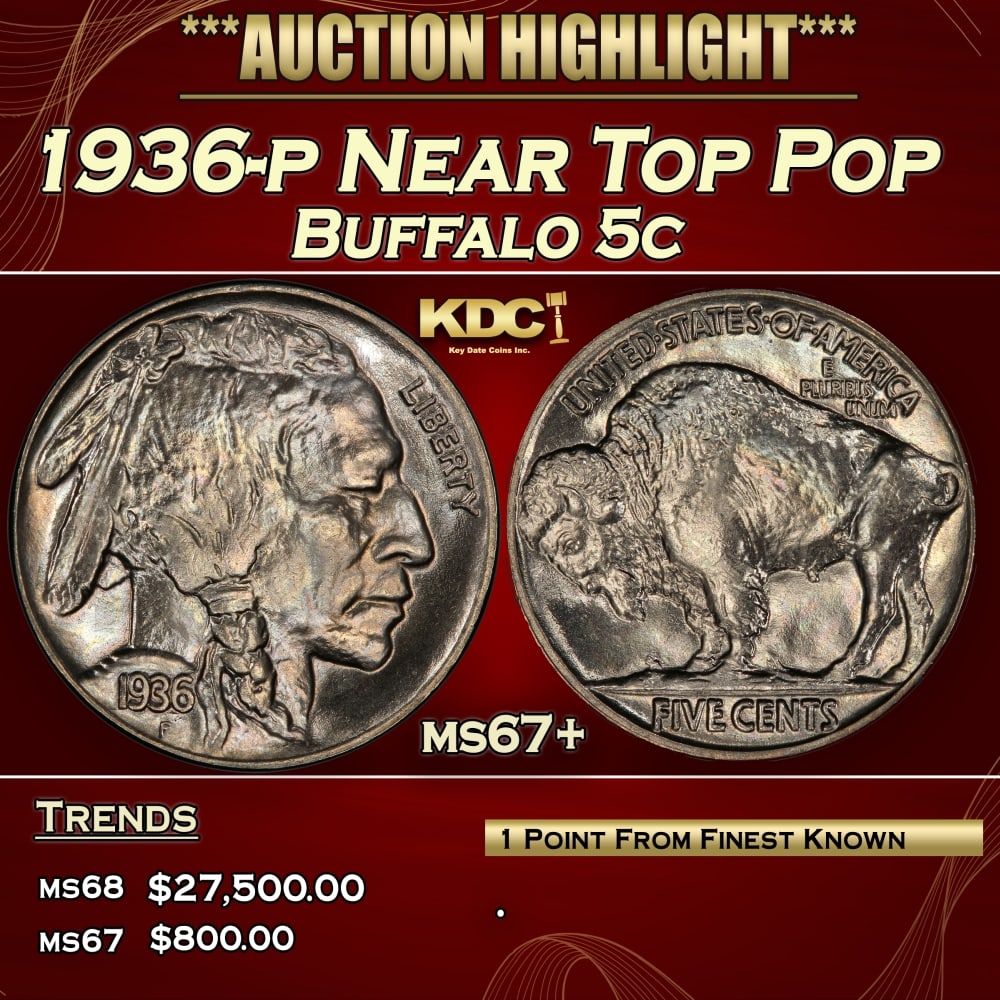 1936-p Buffalo Nickel Near Top Pop 5c ms67+ SEGS: 1936-p Near Top Pop Buffalo Nickel 5c ms67+ SEGS.