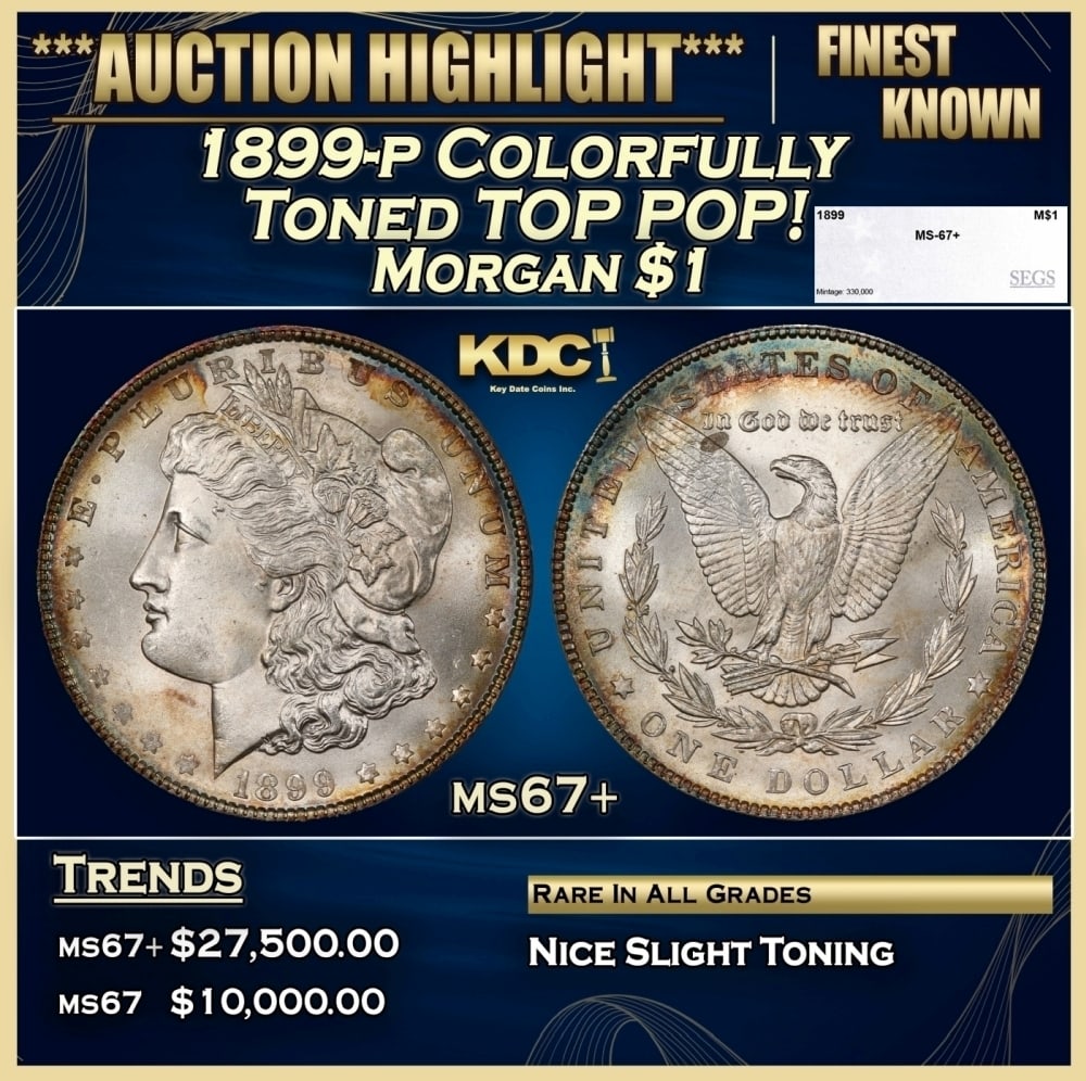 1899-p Morgan Dollar Colorfully Toned TOP POP! $1 ms67+ SEGS: 1899-p Colorfully Toned TOP POP! Morgan Dollar $1 ms67+ SEGS. 0
