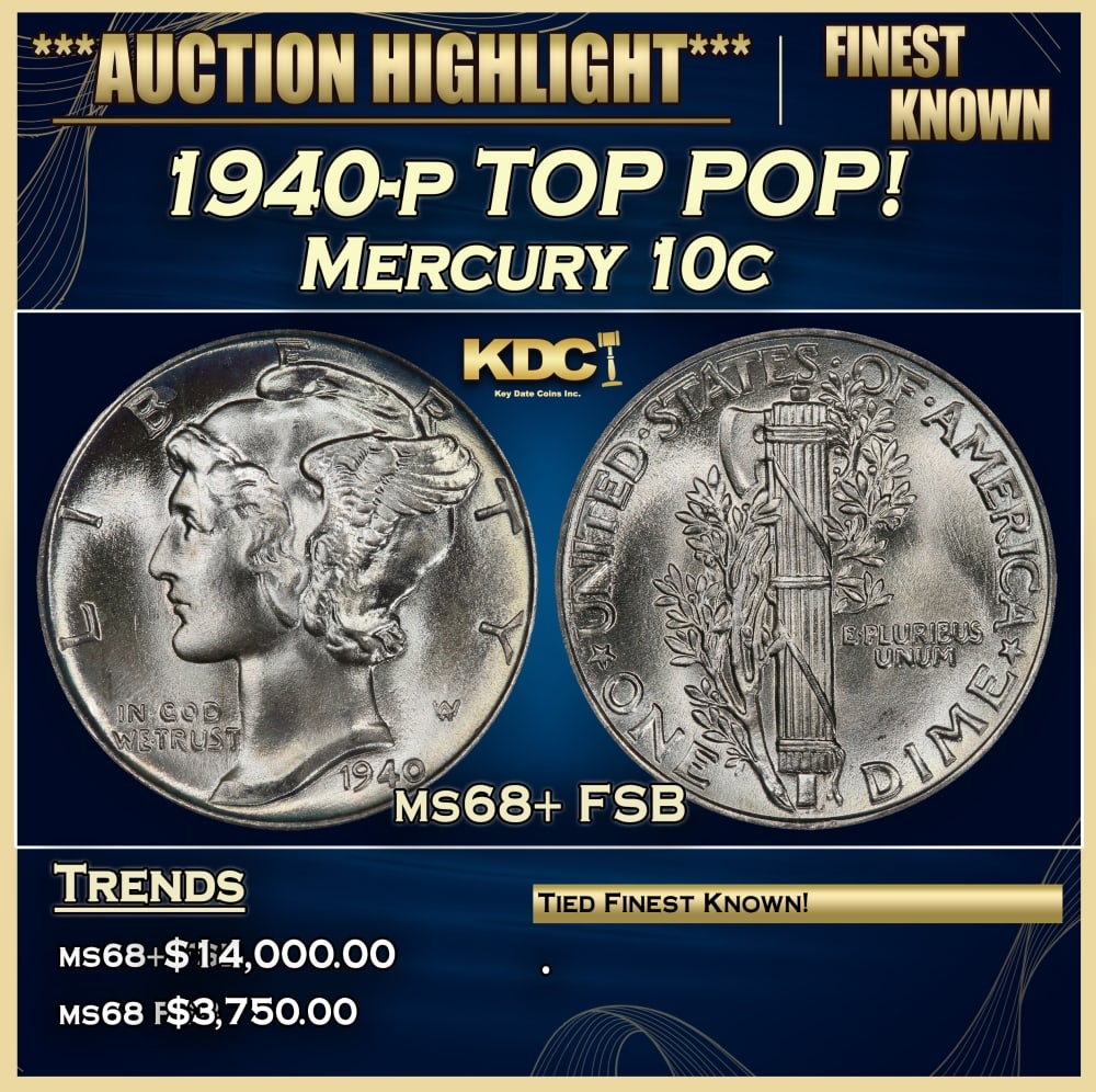 1940-p Mercury Dime TOP POP! 10c ms68+ FSB SEGS: 1940-p TOP POP! Mercury Dime 10c ms68+ FSB SEGS.
