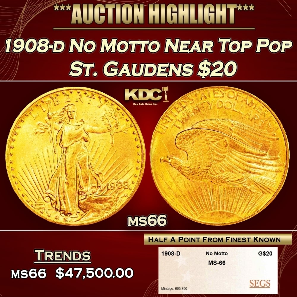 1908-d No Motto Gold St. Gaudens Double Eagle Near Top Pop $20 ms66 SEGS (1 of 4)