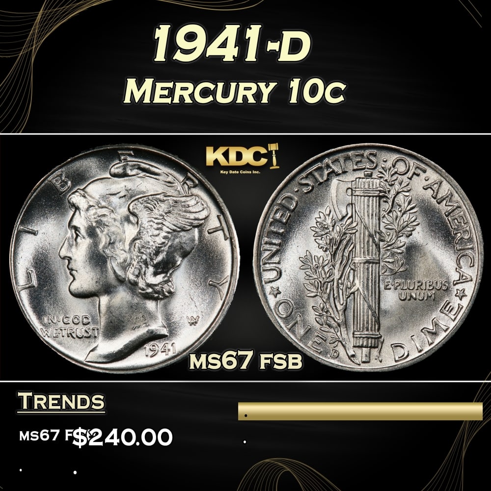1941-d Mercury Dime 10c ms67 fsb SEGS: 1941-d Mercury Dime 10c ms67 fsb SEGS.