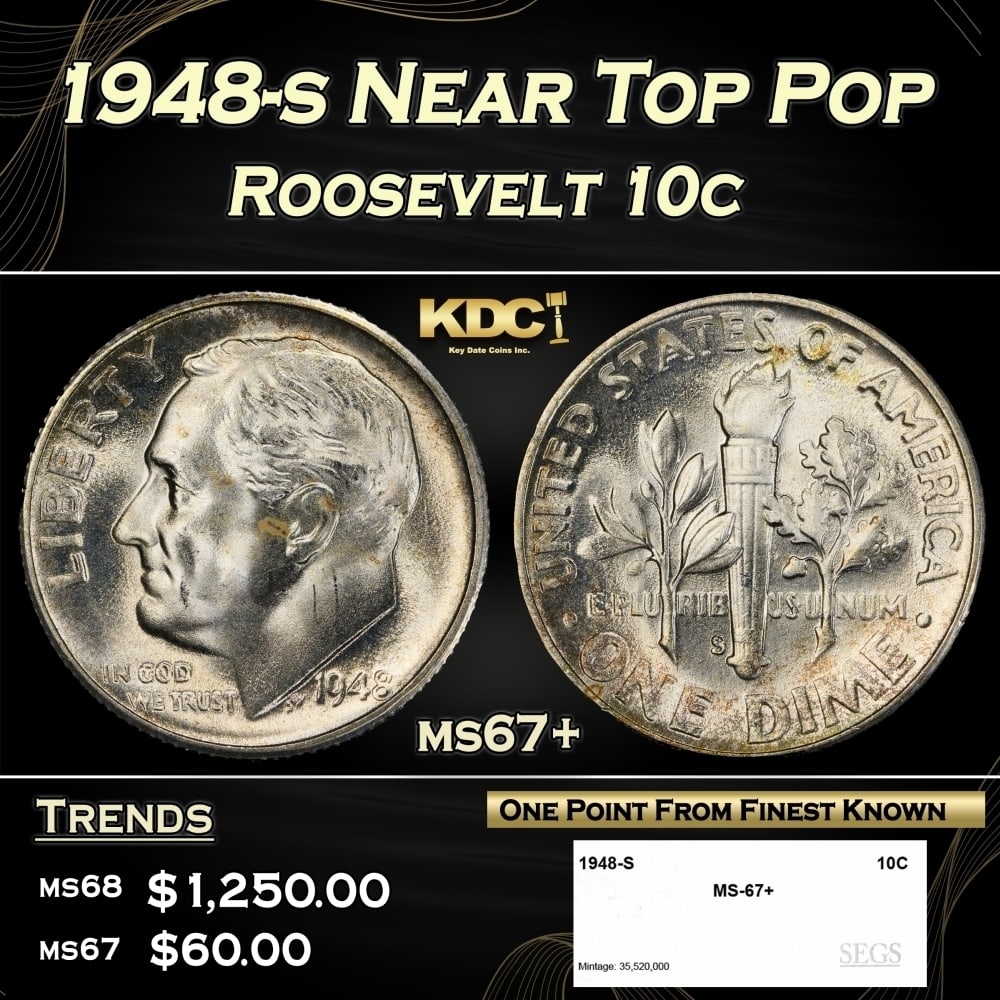 1948-s Roosevelt Dime Near Top Pop 10c ms67+ SEGS: 1948-s Near Top Pop Roosevelt Dime 10c ms67+ SEGS. 0