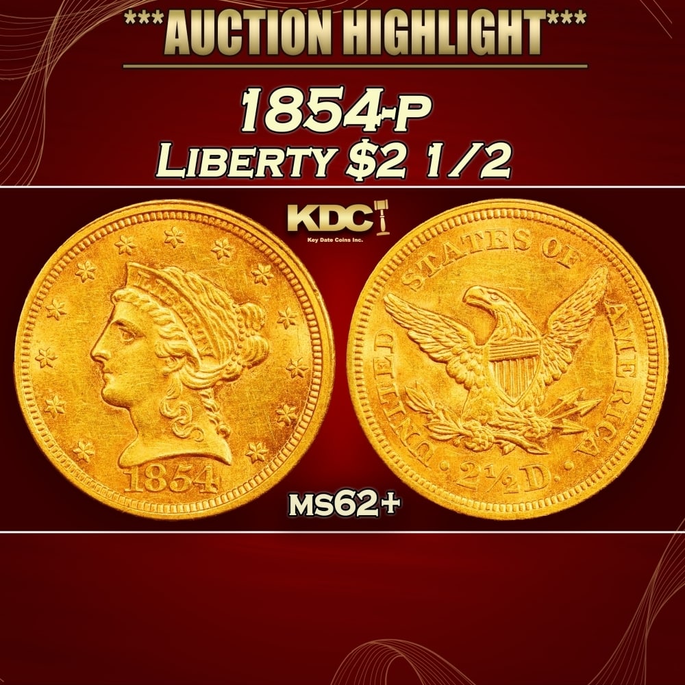 1854-p Gold Liberty Quarter Eagle $2 1/2 ms62+ USCG (1 of 3)