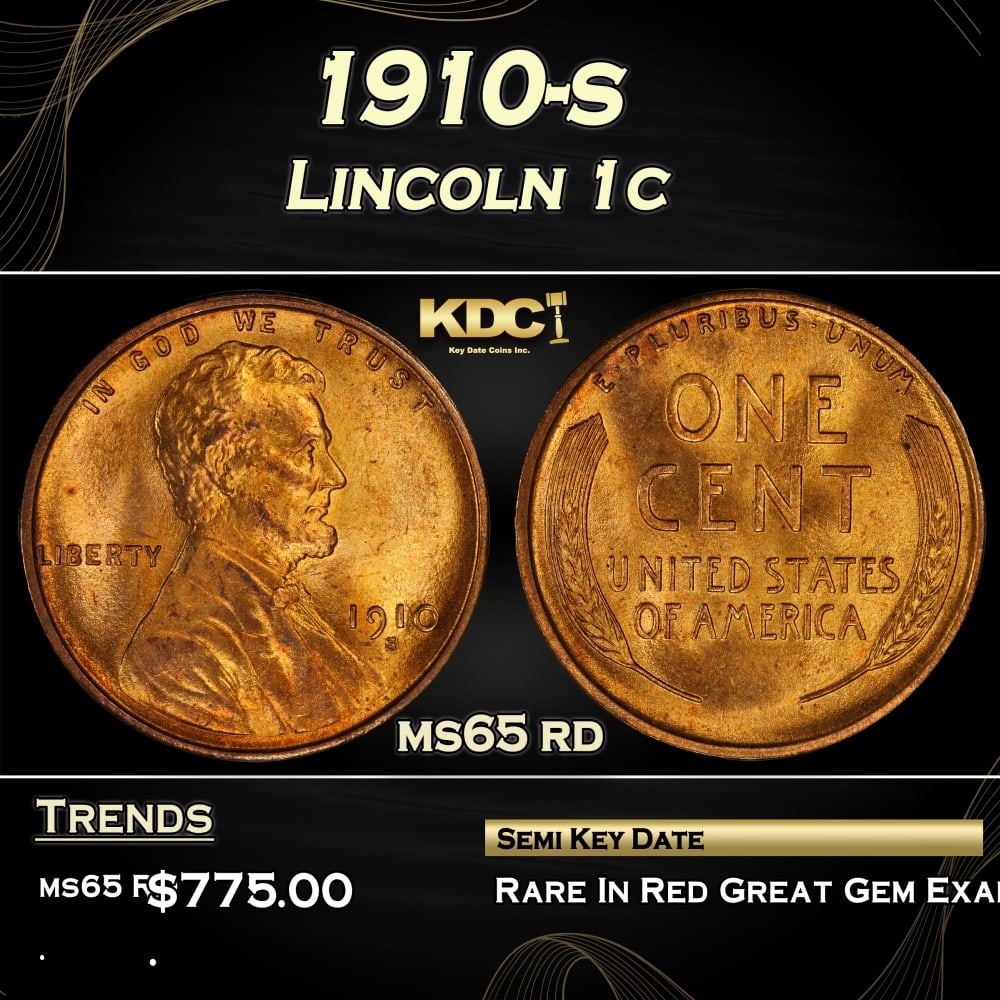 1910-s Lincoln Cent 1c Grades ms65 rd: 1910-s Lincoln Cent 1c Grades ms65 rd. Semi Key Date. Per David Hall of PCGS "The 1910-s has long been considered a semi-key date in circulated grades" 0