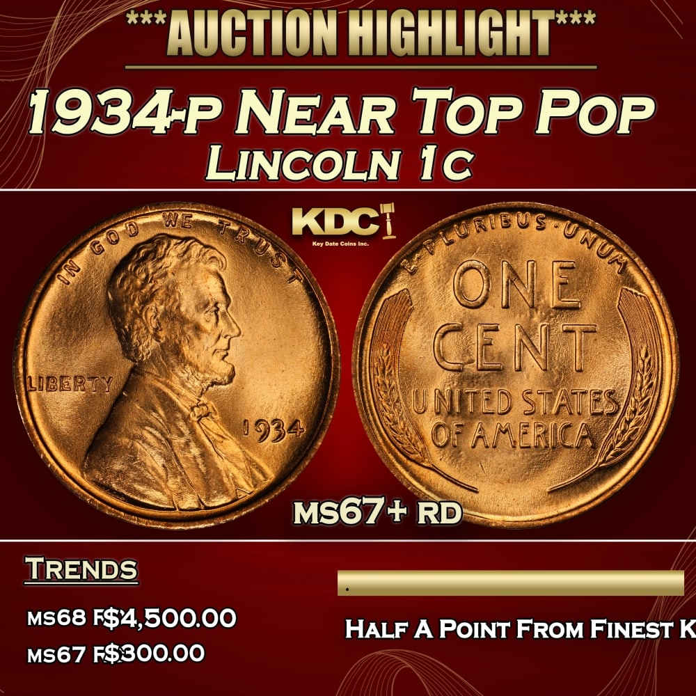 1934-p Lincoln Cent Near Top Pop 1c ms67+ rd SEGS: 1934-p Near Top Pop Lincoln Cent 1c ms67+ rd SEGS. 0