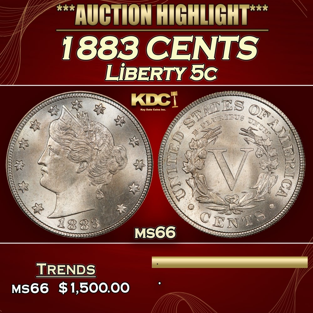 1883 CENTS Liberty Nickel 5c ms66 SEGS: 1883 CENTS Liberty Nickel 5c ms66 SEGS. 0
