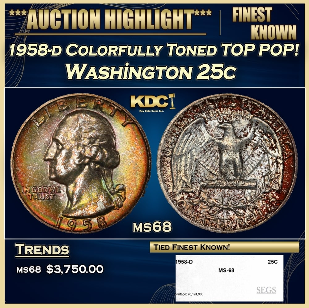 1958-d Washington Quarter Colorfully Toned TOP POP! 25c ms68 SEGS: 1958-d Colorfully Toned TOP POP! Washington Quarter 25c ms68 SEGS. 0
