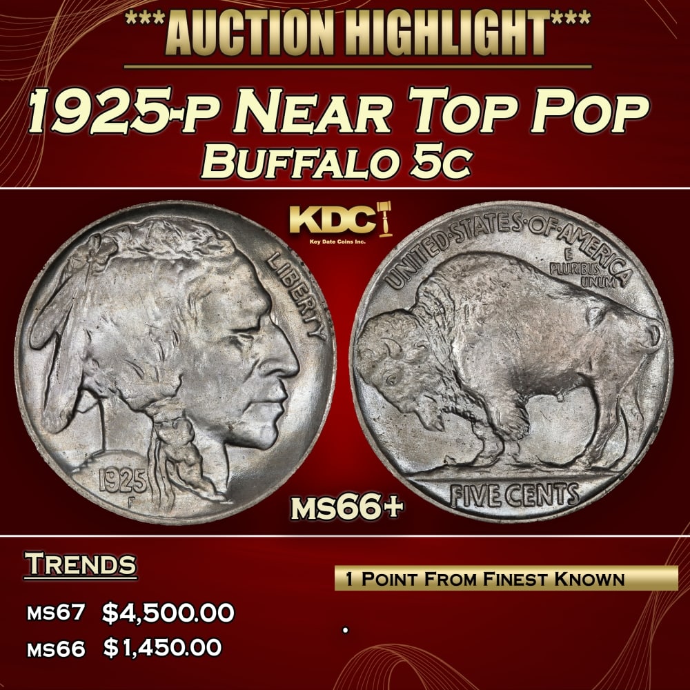 1925-p Buffalo Nickel Near Top Pop 5c ms66+ SEGS: 1925-p Near Top Pop Buffalo Nickel 5c ms66+ SEGS.