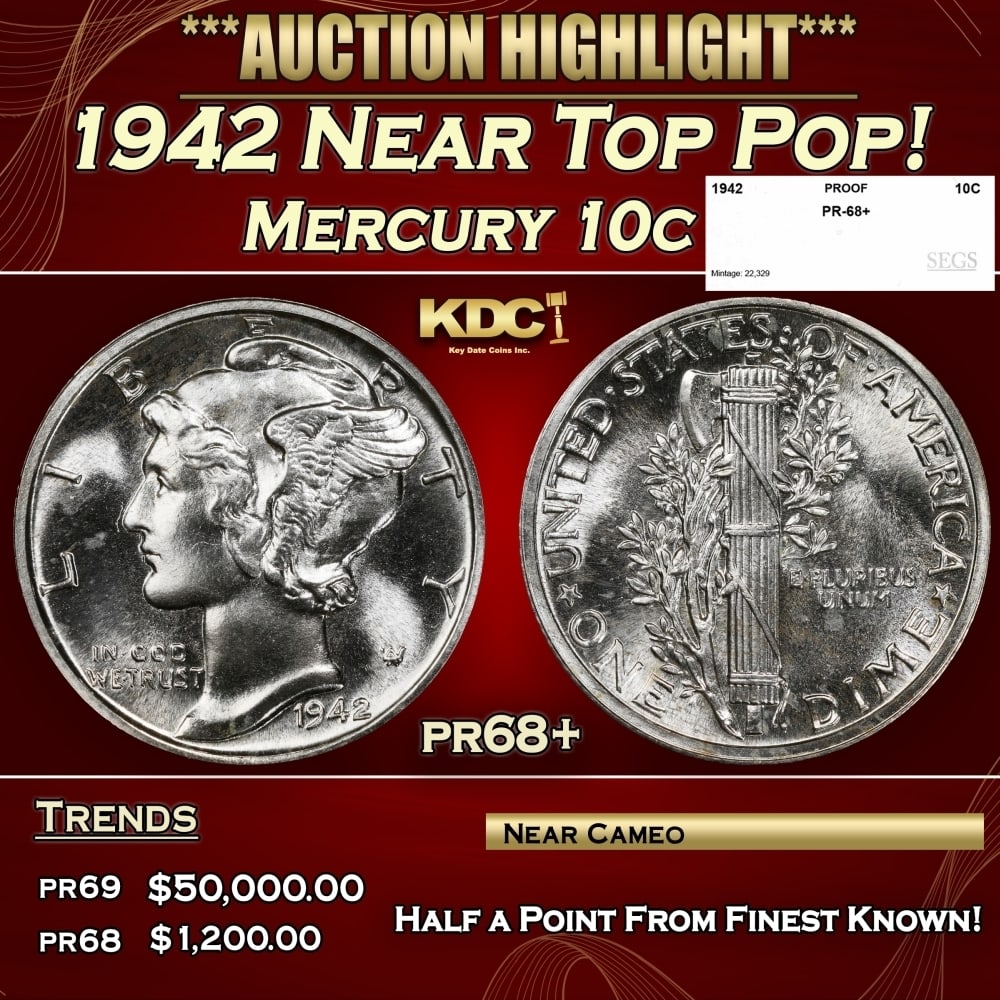 1942 Proof Mercury Dime Near Top Pop! 10c pr68+ SEGS: 1942 Near Top Pop! Mercury Dime 10c pr68+ SEGS. 0
