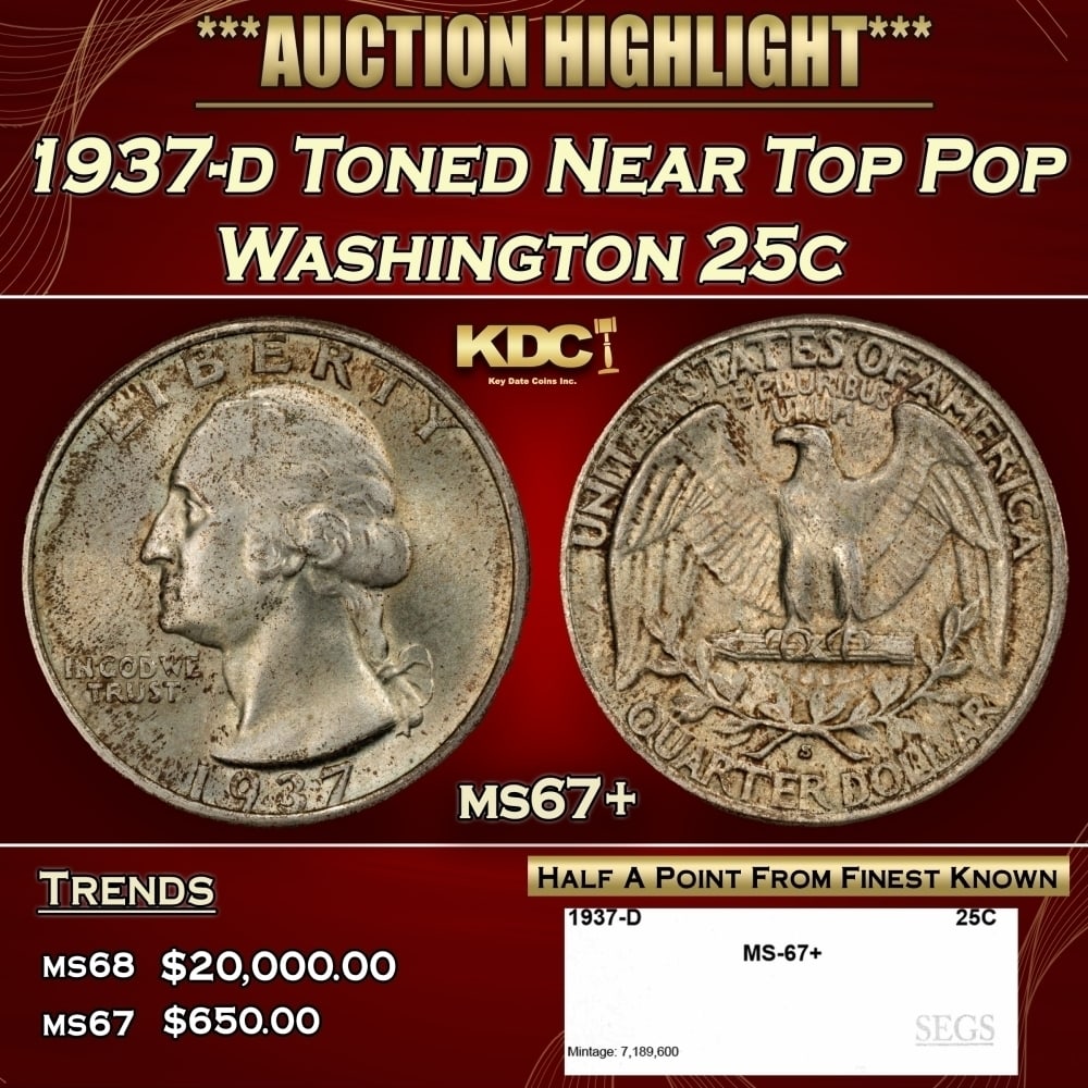 1937-d Washington Quarter Toned Near Top Pop 25c ms67+ SEGS (1 of 4)
