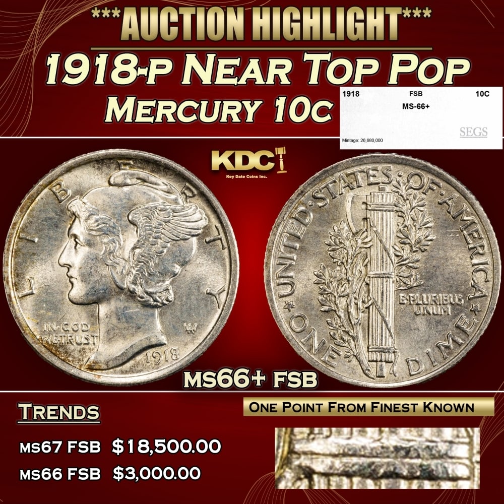 1918-p Mercury Dime Near Top Pop 10c ms66+ fsb SEGS: 1918-p Near Top Pop Mercury Dime 10c ms66+ fsb SEGS. 0