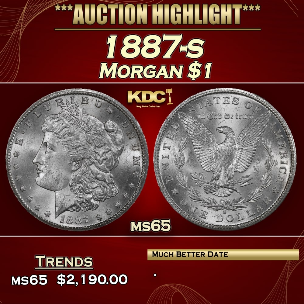1887-s Morgan Dollar $1 ms65 SEGS: 1887-s Morgan Dollar $1 ms65 SEGS.