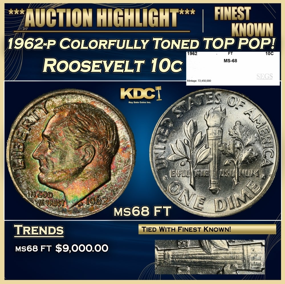 1962-p Roosevelt Dime Colorfully Toned TOP POP! 10c ms68 FT SEGS: 1962-p Colorfully Toned TOP POP! Roosevelt Dime 10c ms68 FT SEGS. 0