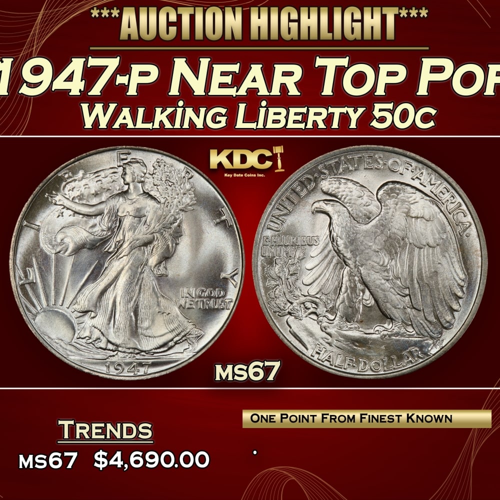 1947-p Walking Liberty Half Dollar Near Top Pop 50c ms67 SEGS: 1947-p Near Top Pop Walking Liberty Half Dollar 50c ms67 SEGS.