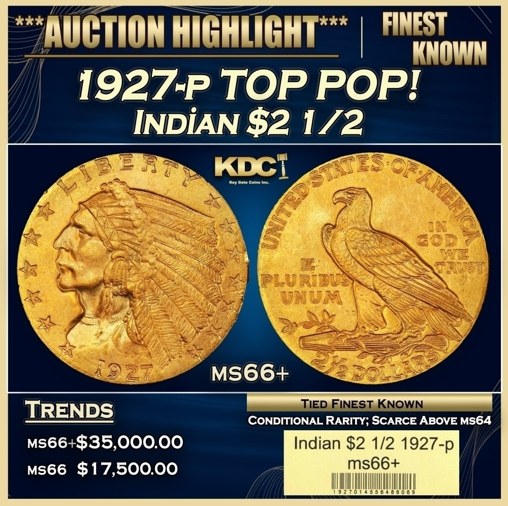 1927-p Gold Indian Quarter Eagle TOP POP! $2 1/2 ms66+ USCG: 1927-p TOP POP! Gold Indian Quarter Eagle $2 1/2 ms66+ USCG. Per David Akers of PCGS "The 1927 is similar in overall rarity to the 1926 and can be obtained without much difficulty in MS-65 or lower co