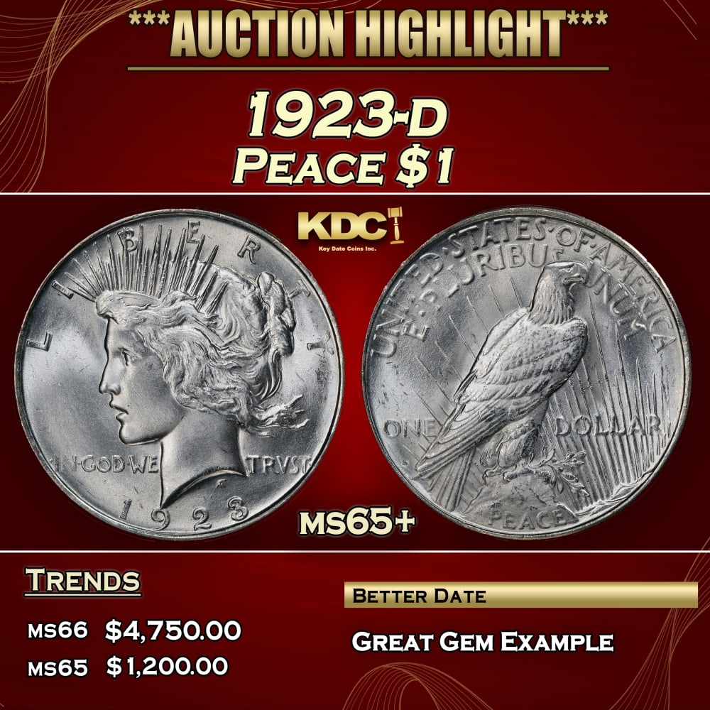1923-d Peace Dollar $1 ms65+ SEGS: 1923-d Peace Dollar $1 ms65+ SEGS. 0