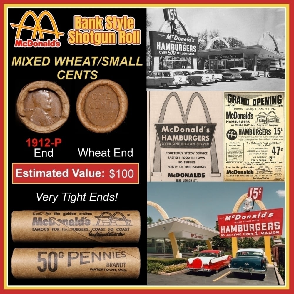 Lincoln Wheat Cent 1c Mixed Roll Orig Brandt McDonalds Wrapper, 1912-p end, Wheat other end: Lincoln Wheat Cent 1c Mixed Roll Orig Brandt McDonalds Wrapper, 1912-p end, Wheat other end. Lincoln Wheat Cent 1c mixed original Shotgun Roll. Actual roll pictured is the roll you will get. A great o