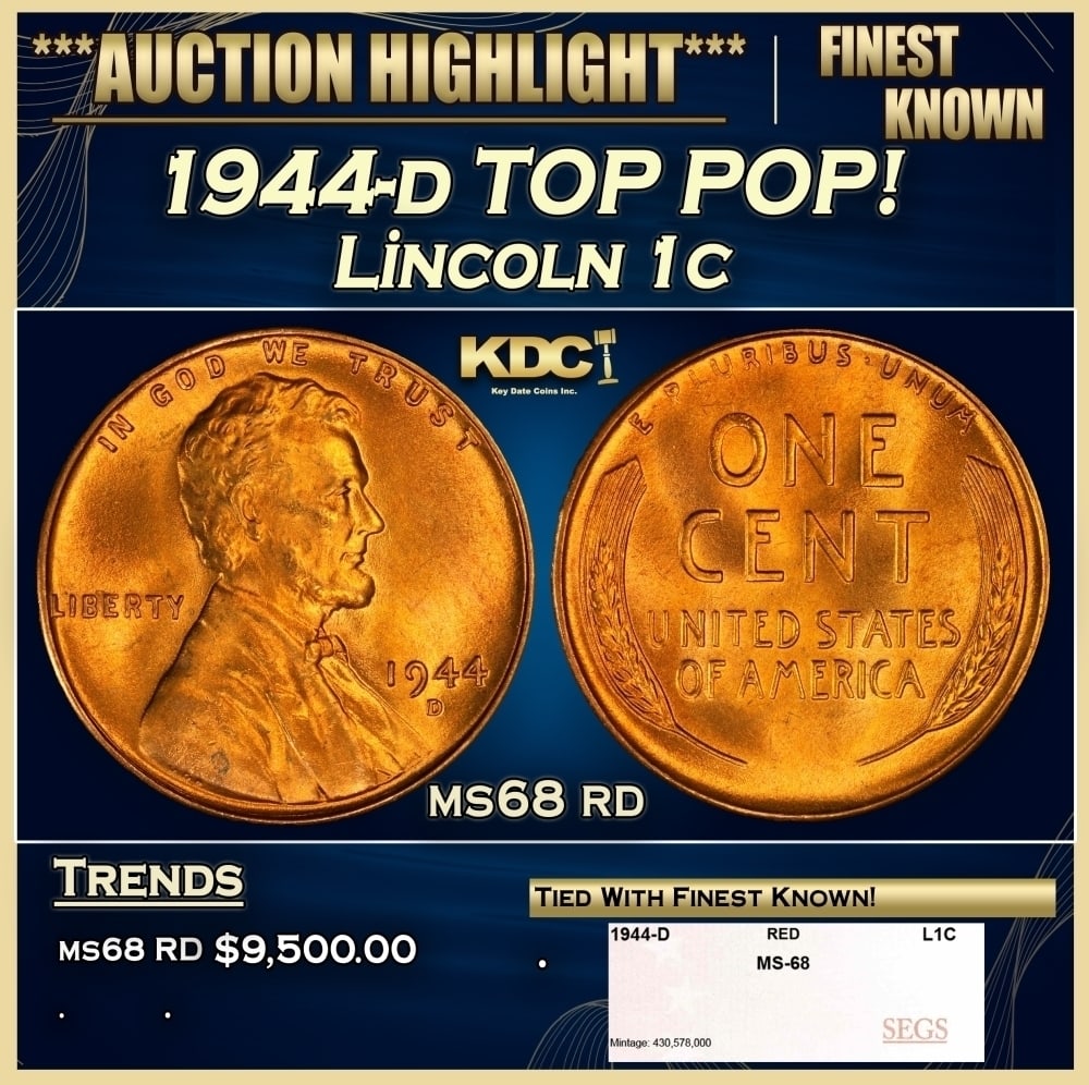 1944-d Lincoln Cent TOP POP! 1c ms68 rd SEGS: 1944-d TOP POP! Lincoln Cent 1c ms68 rd SEGS. 0