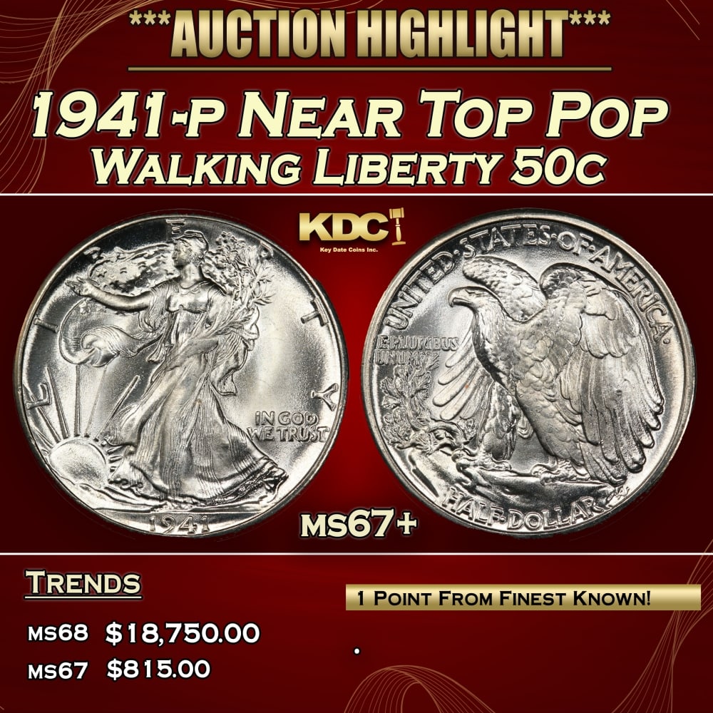 1941-p Walking Liberty Half Dollar Near Top Pop 50c ms67+ SEGS: 1941-p Near Top Pop Walking Liberty Half Dollar 50c ms67+ SEGS.