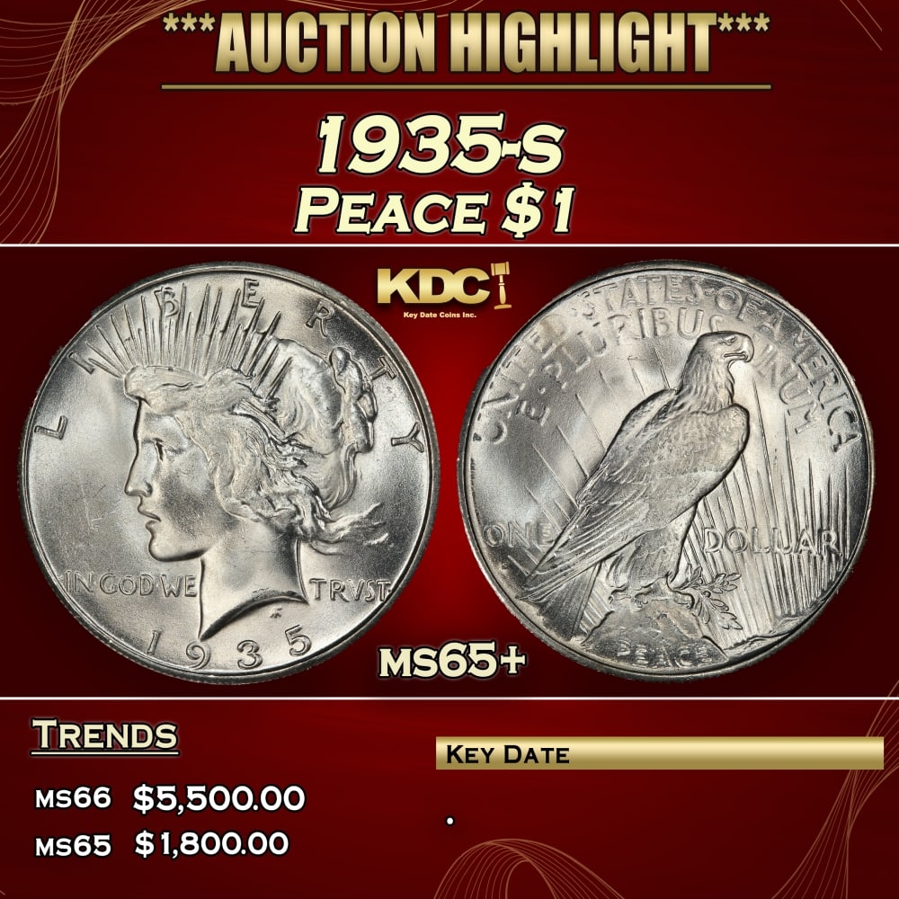 1935-s Peace Dollar $1 ms65+ SEGS: 1935-s Peace Dollar $1 ms65+ SEGS. 0