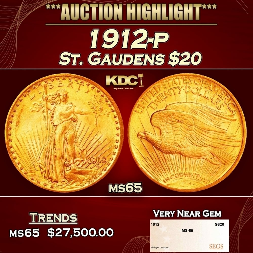 1912-p Gold St. Gaudens Double Eagle $20 ms65 SEGS: 1912-p Gold St. Gaudens Double Eagle $20 ms65 SEGS. 0