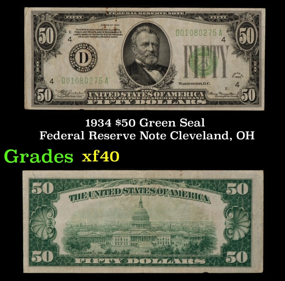 1934 $50 Green Seal Federal Reserve Note Cleveland, OH Grades xf: 1934 $50 Green Seal Federal Reserve Note Cleveland, OH Grades xf.