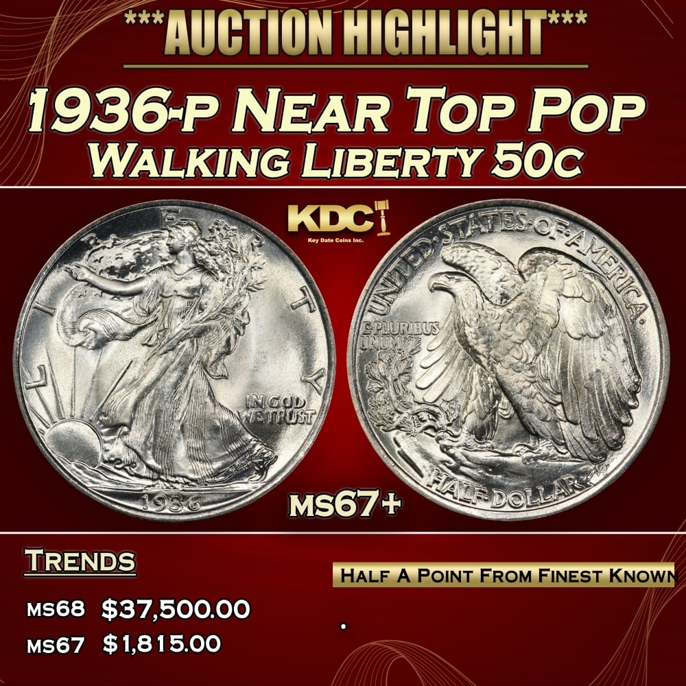 1936-p Walking Liberty Half Dollar Near Top Pop 50c ms67+ SEGS: 1936-p Near Top Pop Walking Liberty Half Dollar 50c ms67+ SEGS.