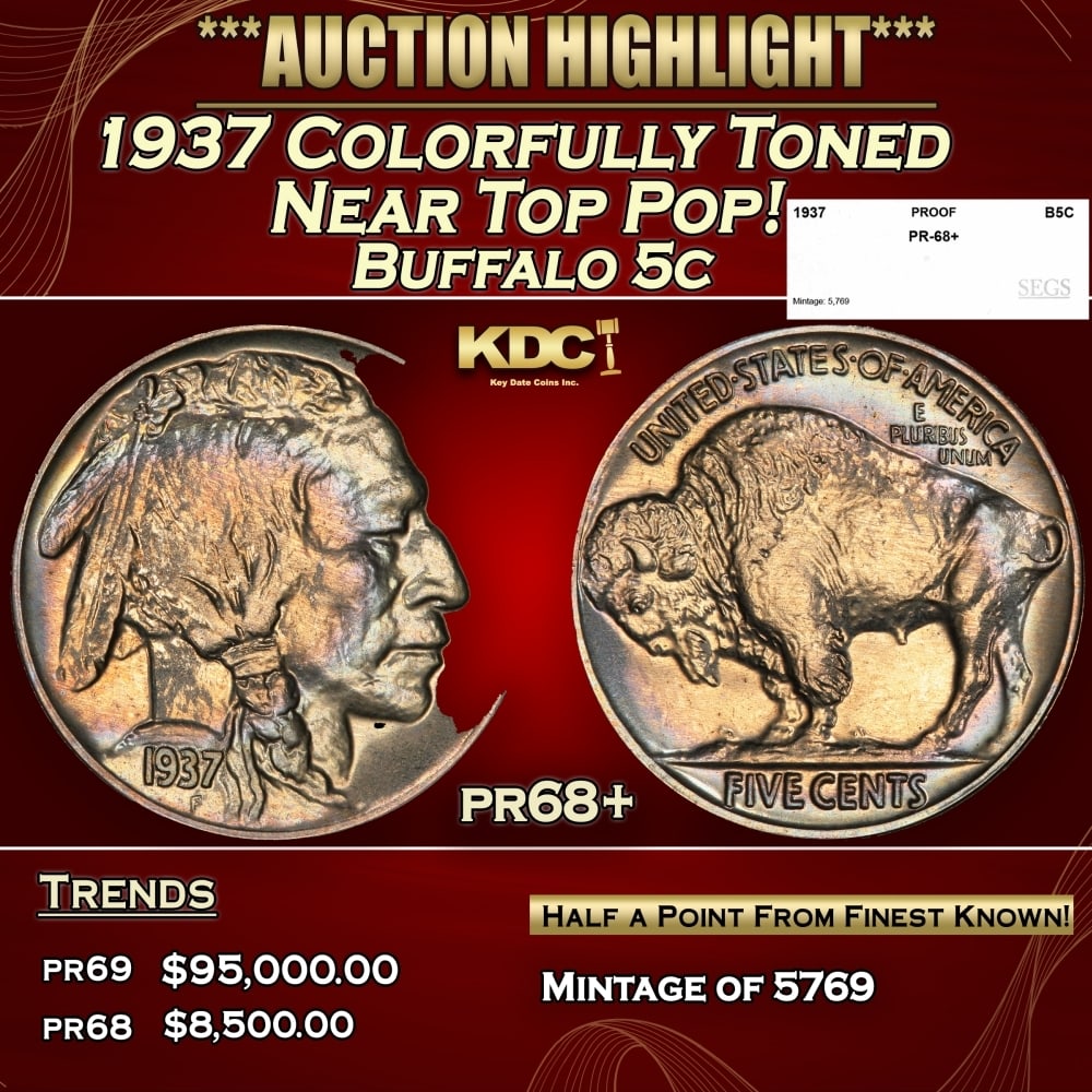 1937 Proof Buffalo Nickel Colorfully Toned Near Top Pop! 5c pr68+ SEGS (1 of 4)