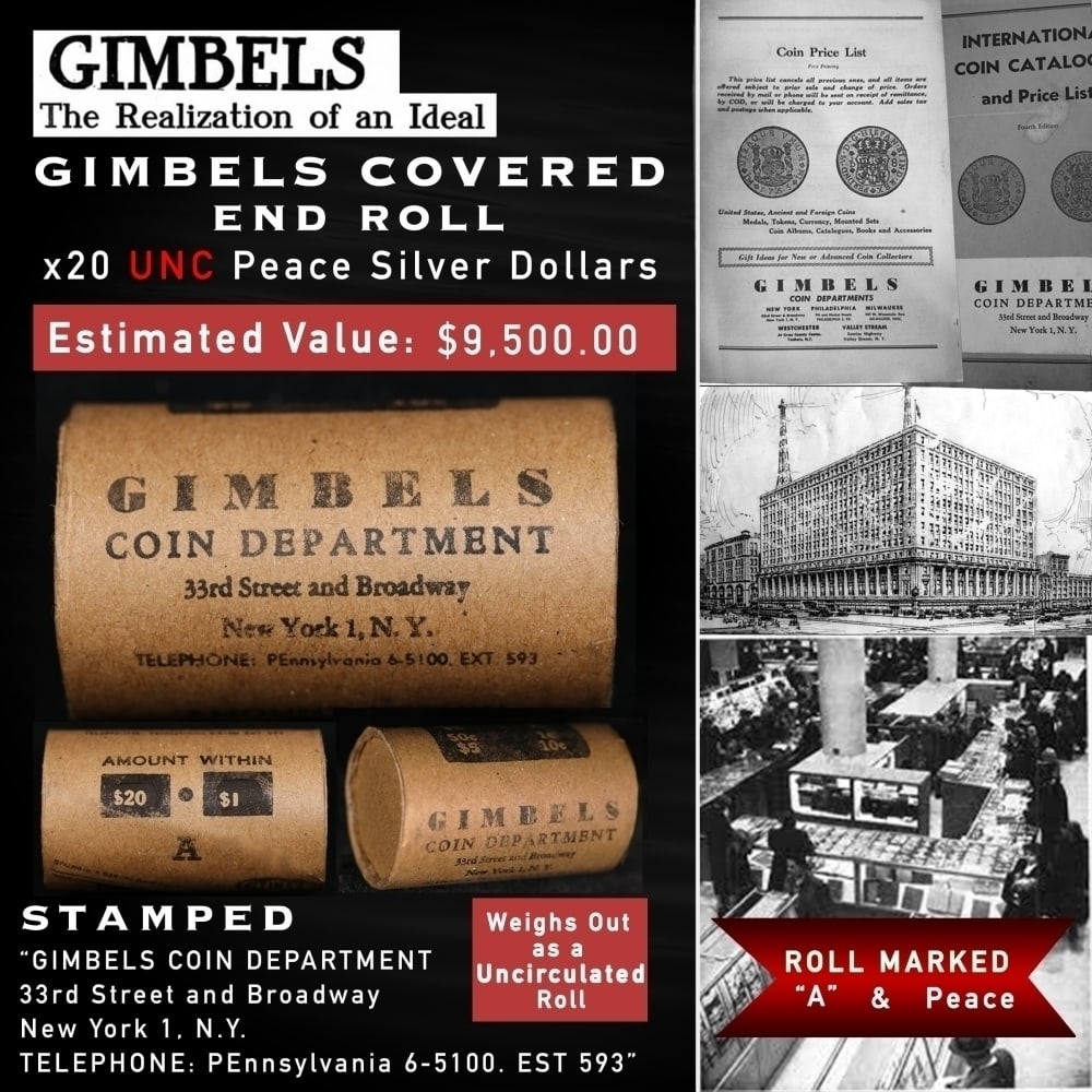 20 Unc GIMBLES Peace Dollar $1 Roll A Level: 20 Unc GIMBLES Peace Dollar $1 Roll A Level. Up For Auction is a 128- 20 Unc GIMBLES Peace Dollar $1 Roll A Level Roll Weighing 537.7 g Based On this weight this is a UNC Roll We are very excited to p