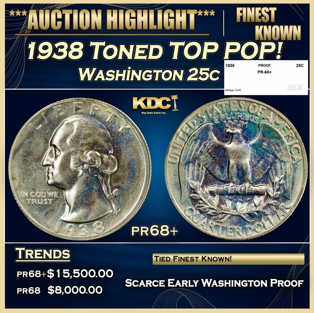 1938 Proof Washington Quarter Toned TOP POP! 25c pr68+ SEGS: 1938 Toned TOP POP! Washington Quarter 25c pr68+ SEGS. 0