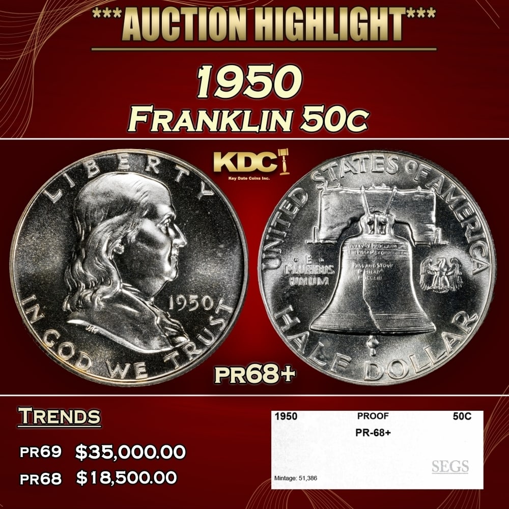 1950 Proof Franklin Half Dollar 50c pr68+ SEGS: 1950 Franklin Half Dollar 50c pr68+ SEGS. 0