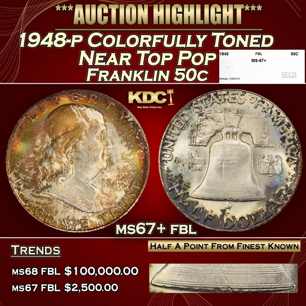 1948-p Franklin Half Dollar Colorfully Toned Near Top Pop 50c ms67+ fbl SEGS (1 of 5)
