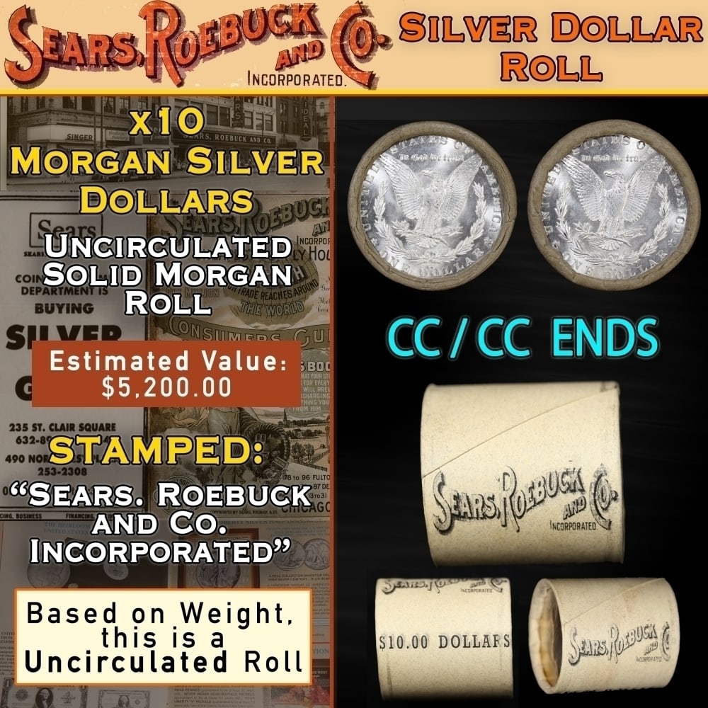 WOW! Double CC End On SEARS UNC Morgan Roll 10 CC & CC Ends: WOW! Double CC End On SEARS UNC Morgan Roll 10 CC & CC Ends. Up For Auction is a 115- WOW! Double CC End On SEARS Morgan Roll 10 CC & CC Ends Roll Weighing 270.8 g Based On this weight this is a UNC R