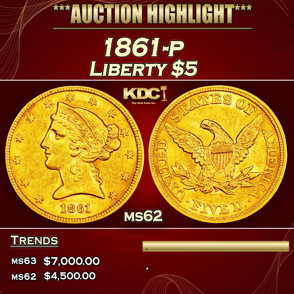 1861-p Gold Liberty Half Eagle $5 ms62 USCG: 1861-p Gold Liberty Half Eagle $5 ms62 USCG. 0