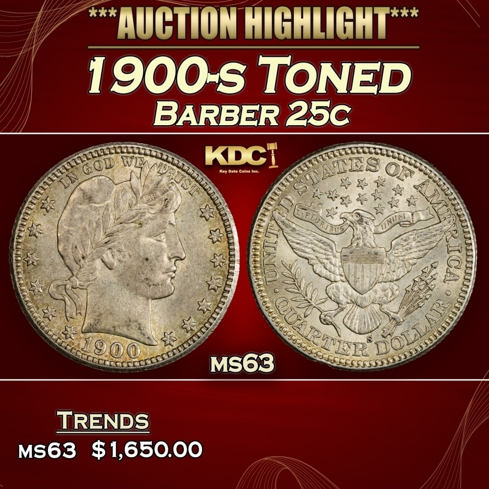 1900-s Barber Quarter Toned 25c ms63 USCG (1 of 3)