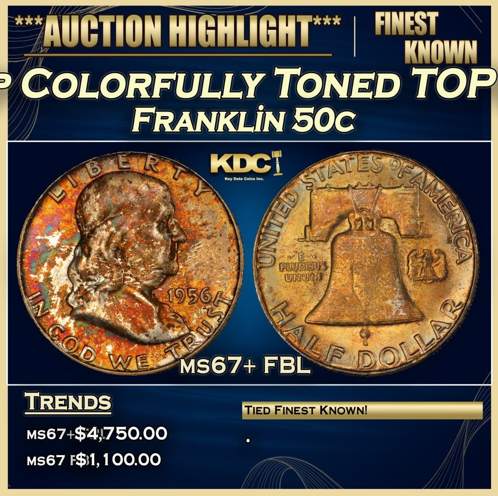 1956-p Franklin Half Dollar Colorfully Toned TOP POP! 50c ms67+ FBL SEGS: 1956-p Colorfully Toned TOP POP! Franklin Half Dollar 50c ms67+ FBL SEGS. 0