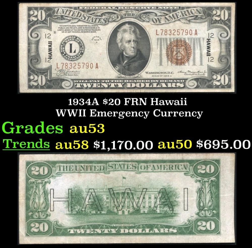 1934A $20 FRN Hawaii WWII Emergency Currency Grades Select AU (1 of 3)