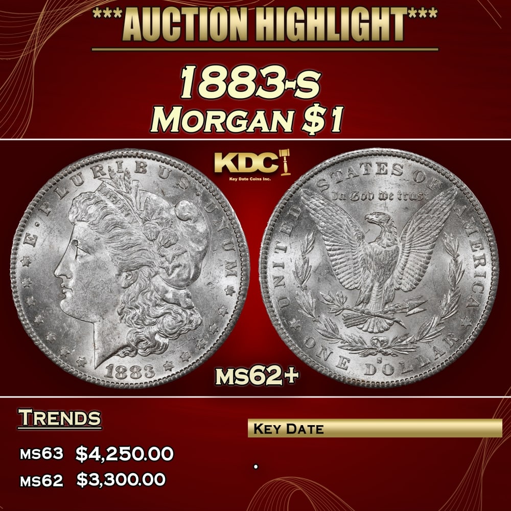 1883-s Morgan Dollar $1 ms62+ USCG: 1883-s Morgan Dollar $1 ms62+ USCG. A Key Date's Pick, Bid to Win, Don't let it get Away Coin