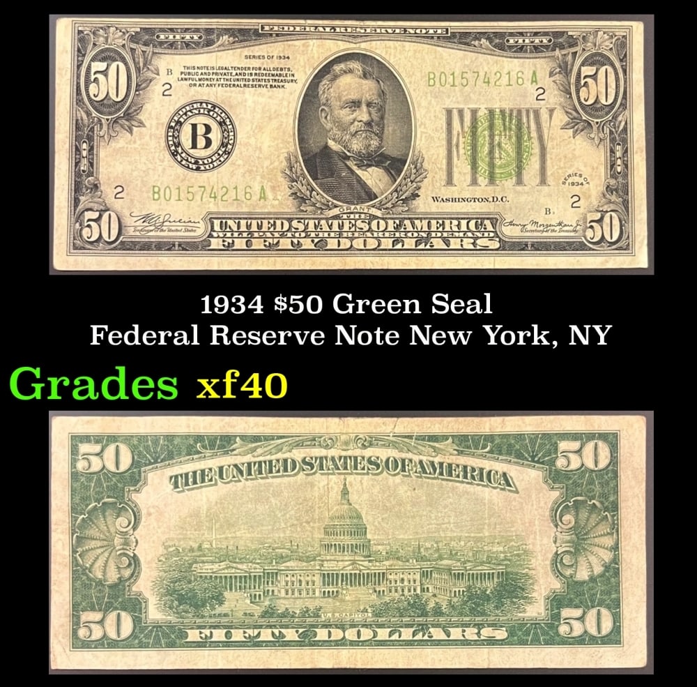 1934 $50 Green Seal Federal Reserve Note New York, NY Grades xf (1 of 3)
