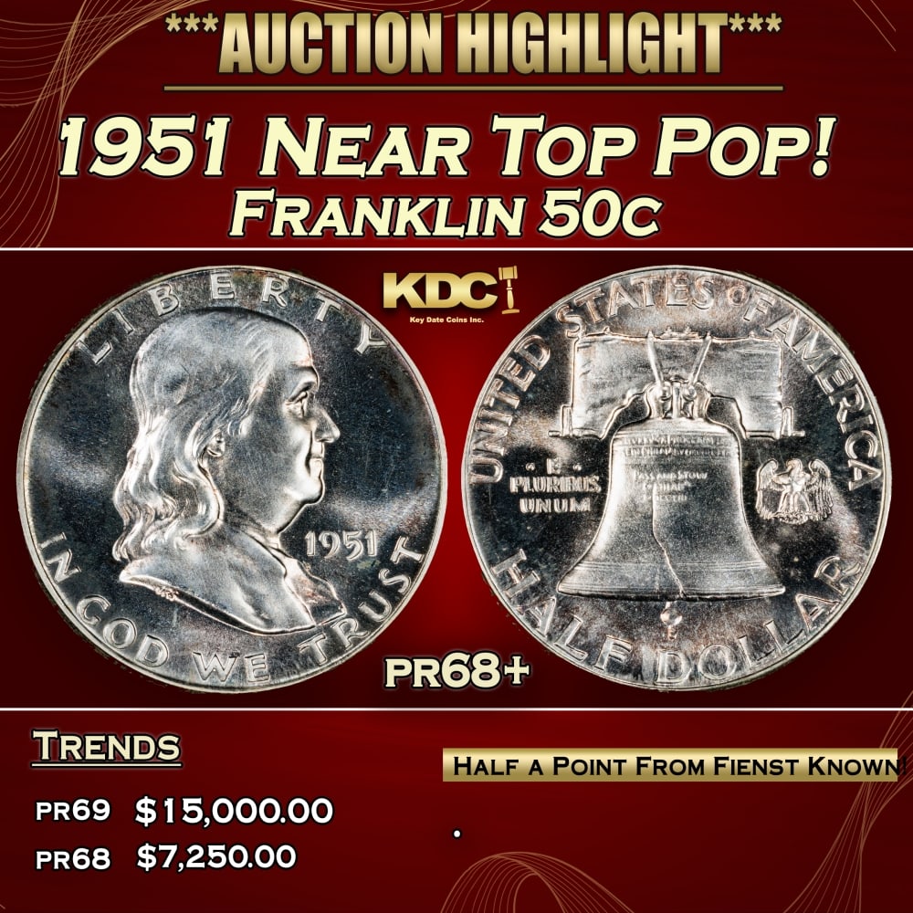 1951 Proof Franklin Half Dollar Near Top Pop! 50c pr68+ SEGS: 1951 Near Top Pop! Franklin Half Dollar 50c pr68+ SEGS. 0