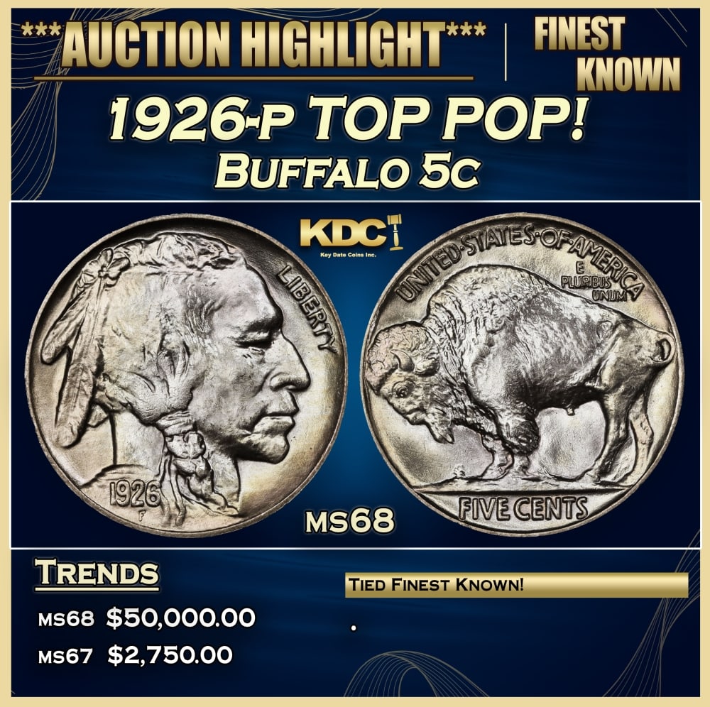 1926-p Buffalo Nickel TOP POP! 5c ms68 SEGS: 1926-p TOP POP! Buffalo Nickel 5c ms68 SEGS.
