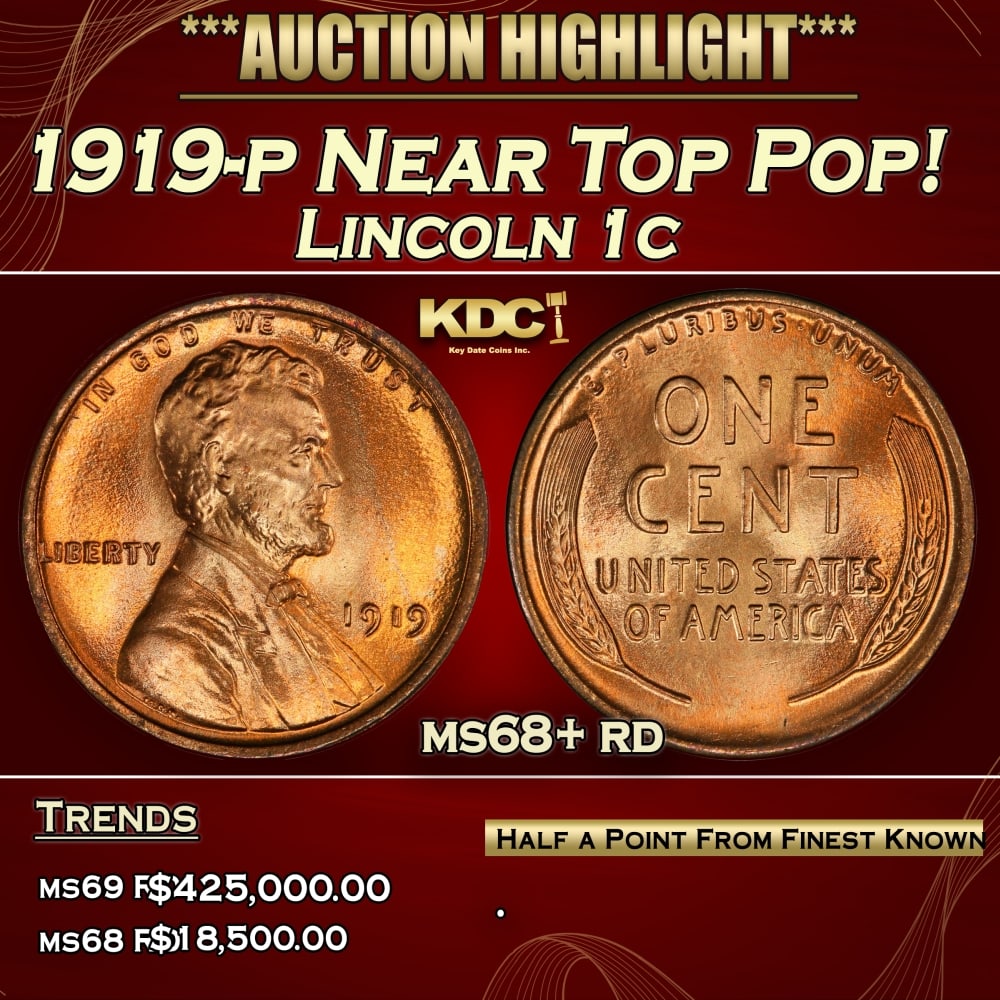 1919-p Lincoln Cent Near Top Pop! 1c ms68+ rd SEGS: 1919-p Near Top Pop! Lincoln Cent 1c ms68+ rd SEGS. 0