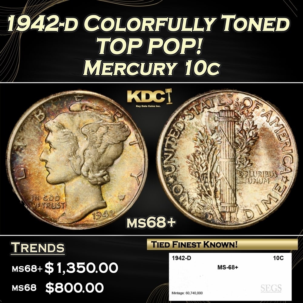 1942-d Mercury Dime Colorfully Toned TOP POP! 10c ms68+ SEGS: 1942-d Colorfully Toned TOP POP! Mercury Dime 10c ms68+ SEGS. 0