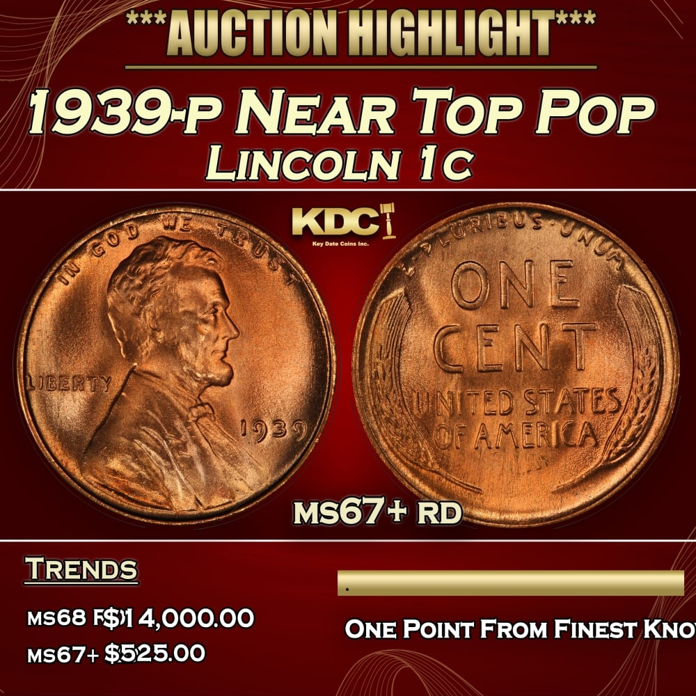 1939-p Lincoln Cent Near Top Pop 1c ms67+ rd SEGS: 1939-p Near Top Pop Lincoln Cent 1c ms67+ rd SEGS. 0