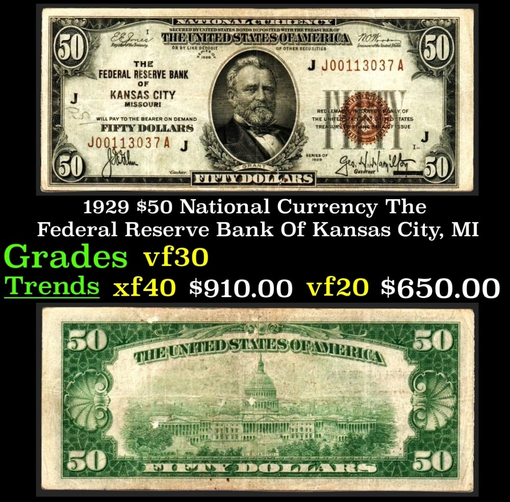 1929 $50 National Currency The Federal Reserve Bank Of Kansas City, MI Grades vf++ (1 of 3)
