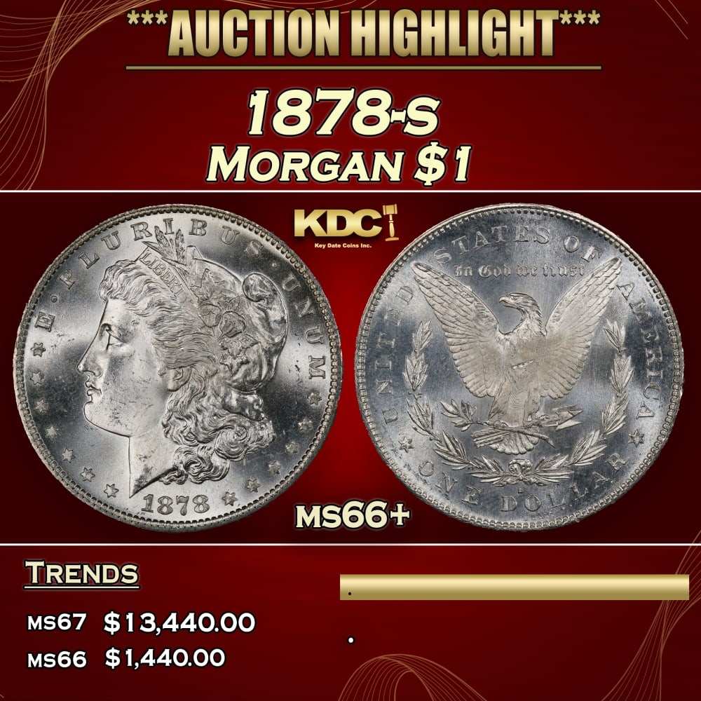 1878-s Morgan Dollar $1 ms66+ SEGS: 1878-s Morgan Dollar $1 ms66+ SEGS. Slightly better date. First year of issue.